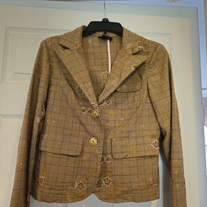 Snap Tan Plaid Blazer with Floral Embroidery